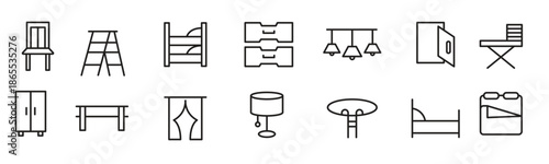  home decor line icon set living room kitchen bedroom