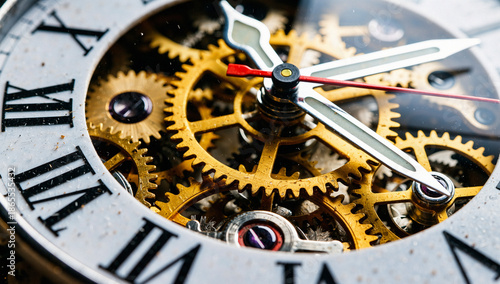 Bild auf Leinwand Close-Up of Antique Clock Mechanism with Roman Numerals