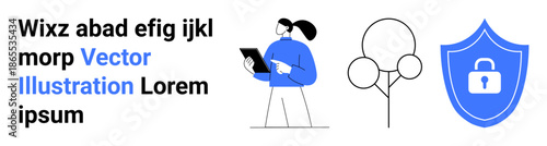 Cybersecurity, privacy, data protection, technological innovation, online safety, secure communication. Woman holding a tablet, shield icon tree icon. Cybersecurity and privacy concept