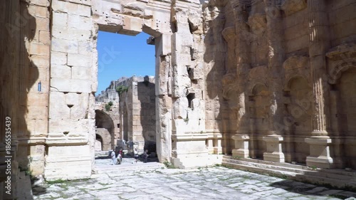 Panning video showcases the interior of Bacchus temple, an ancient Roman temple located in Baalbek, Lebanon