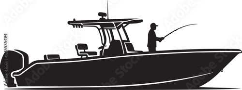 High-Contrast Black and White Silhouette of a Sport Fishing Boat Creating a Wake, Flat Vector Illustration