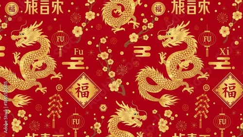 Vibrant seamless pattern with golden dragons and traditional symbols, perfect for celebrating the Chinese New Year and lunar festivities