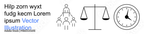 Business strategy, legal system, time management, equality, organization, workflow. Organizational chart, justice scales analog clock. Legal system and time management