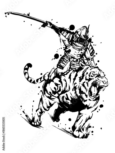 Armored Samurai on Tiger – Japanese Brush Art