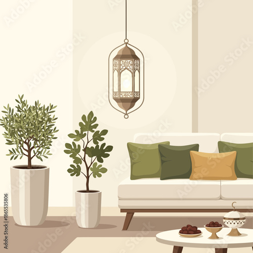 Cozy Living Room with Plants, Lantern, and Dates - Ramadan Decor