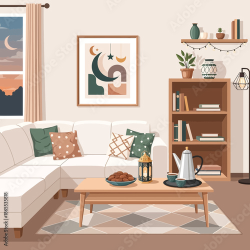Cozy Living Room with Ramadan Decorations and Abstract Art