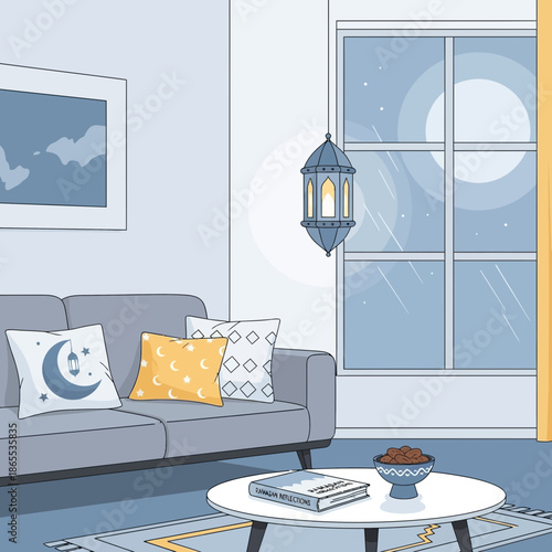 Cozy living room with Ramadan lantern, crescent moon pillows, and moonlit window