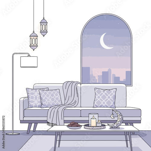 Cozy Ramadan living room with crescent moon and lanterns, city view at night