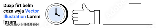 Time management, approval, productivity, workflow, deadlines, business concepts. Clock with thumb-up sign and placeholder text. Time management and approval concepts