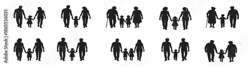 set of black silhouettes of family adults parents
