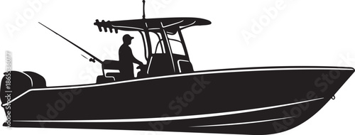 High-Contrast Black and White Silhouette of a Sport Fishing Boat Creating a Wake, Flat Vector Illustration