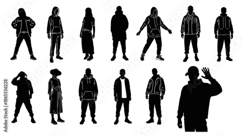 A diverse collection of urban youth silhouettes in various poses, showcasing contemporary streetwear fashion and individual expressions.