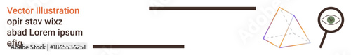 Data analysis, object inspection, conceptual design, research, discovery, vision. A magnifying glass over an eye next to a geometric shape. Data analysis and object inspection concept