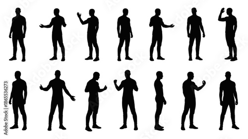 A diverse collection of human silhouettes in various poses and gestures, perfect for graphic design and conceptual projects.