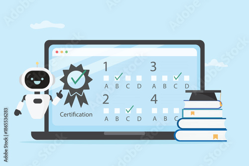 artificial intelligence Technology for education concept. AI Searching , study and research by using ai online for approach knowledge. Diploma, university E-learning graduation illustration vector.