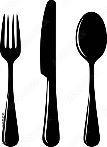 A set of silhouette vector icons of forks, knives, and spoons on a white background
