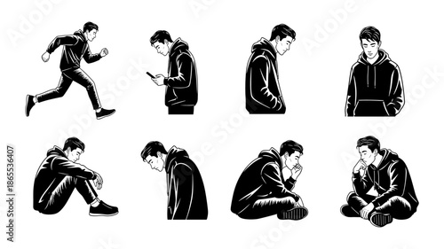A collection of black and white illustrations depicting a young man in various poses, showcasing different moods and activities.