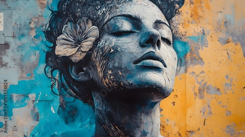 A close-up of a woman's face, painted on a wall with a flower behind her ear. The woman has her eyes closed and a serene expression. The background is a mixture of blue and yellow paint.