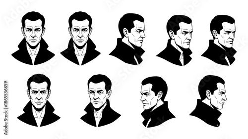 A striking vector illustration showcasing a man's head in various angles, ideal for character design and visual storytelling.