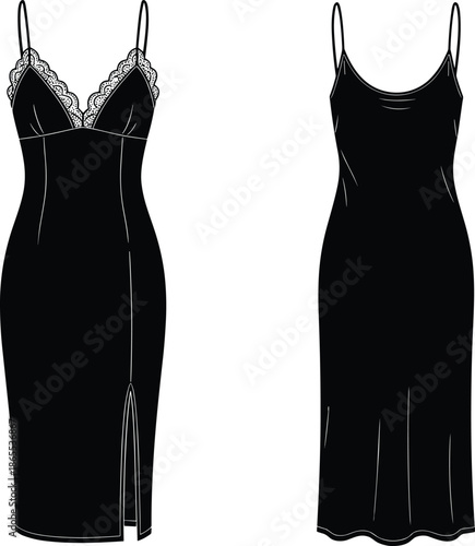 Elegant black evening dresses with lace and scoop necklines, fashion illustration for formal wear, vector design for stock content.