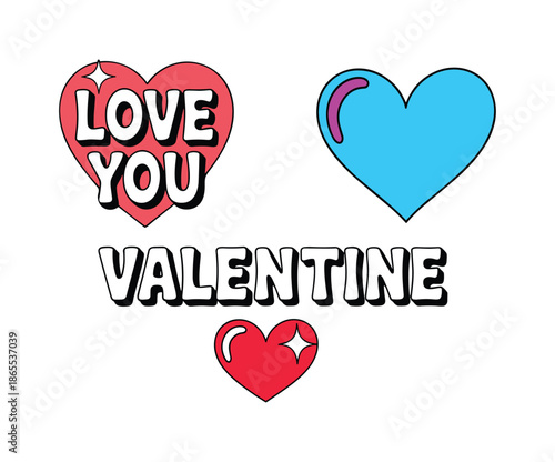 Red heart with love you text and blue heart with valentine text.