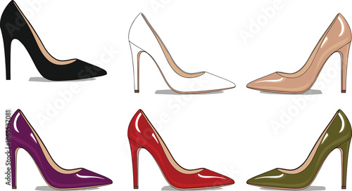 Glossy high heel stiletto shoes in six fashion colors – black, white, beige, red, purple, olive green – isolated vector