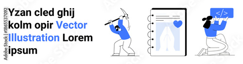 Work, hobbies, creativity, coding, engagement, productivity. A person sculpting, digital notebook and a programmer coding. Creativity and productivity concepts in activity visualization