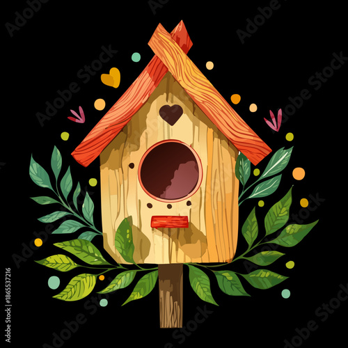 Charming bird house with a heart opening and lush green plant leaves for a sweet garden design