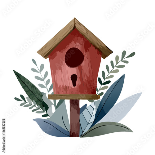 Rustic wooden bird house with a dark roof and green plant foliage for a natural forest ornament