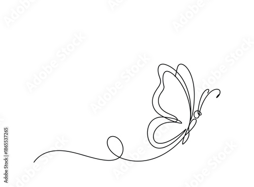 One line art of a butterfly in flight with flowing tail insect animal nature wildlife.
