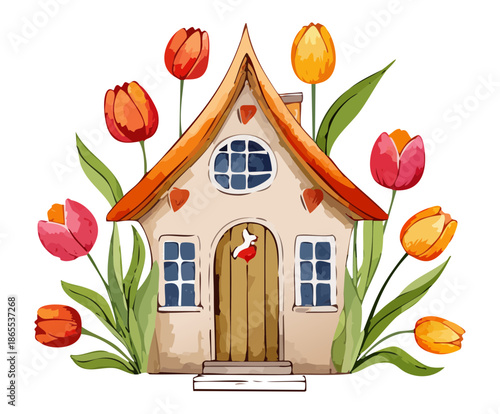Traditional house with an orange roof and vibrant red tulip plant flowers for a warm home illustration