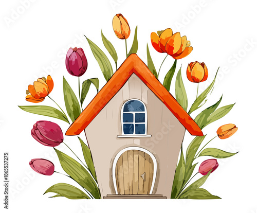 Rustic wooden house with an orange roof and vibrant tulip plant flowers for a spring garden design