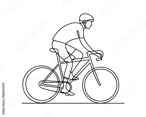 Single line of a cyclist wearing a helmet riding a bicycle sport.