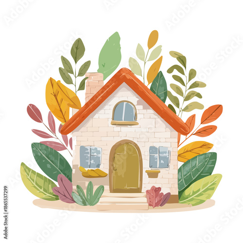 Modern white house with orange accents and lush green plant surroundings for a trendy architectural art design