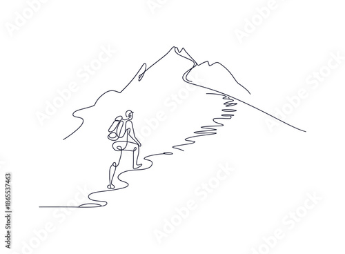Line art of a hiker with backpack climbing a winding mountain design.
