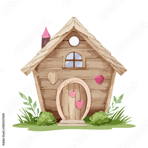Rustic wooden house with heart decorations and green plant foliage for a romantic and cozy forest fairytale