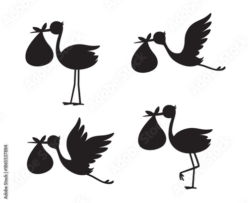 Stork Delivering Baby Silhouettes vector illustration set includes 4 stork designs in different positions, featuring a classic stork carrying a baby bundle. 