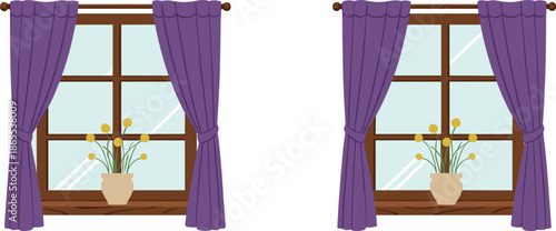 Vector illustration featuring a wooden window with purple curtains and yellow potted flowers for home interior design concepts