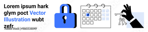 Cybersecurity, access management, data security, schedule planning, permission handling, authentication. Blue lock, calendar with a marked date hand holding keys. Cybersecurity and access management