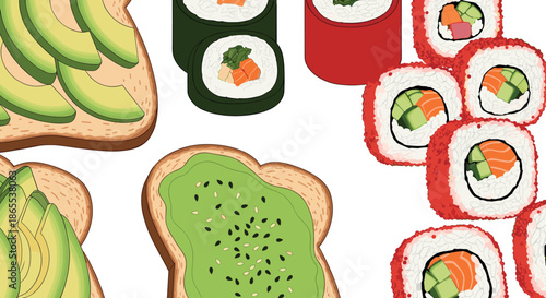 Vector illustration featuring a seamless pattern of avocado toast varieties and assorted sushi rolls for food menu backgrounds