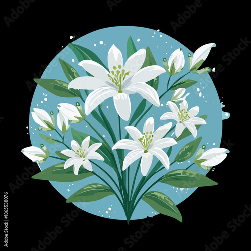 Round blue frame with white and pink lily plant blossoms for an elegant botanical nature illustration design