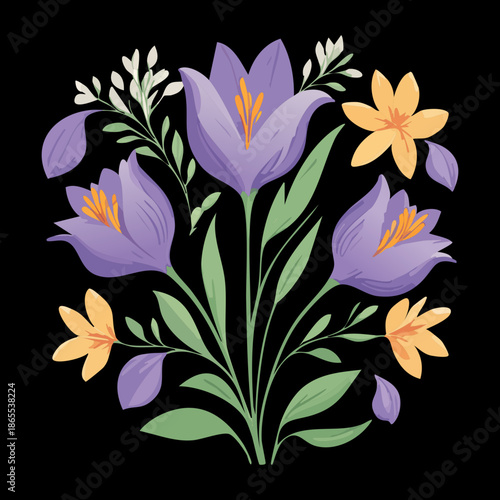 Dark dramatic purple lily plant with orange centers and green leaves for an artistic nature illustration design