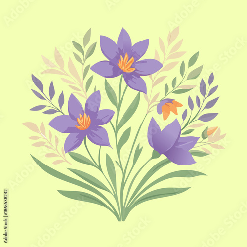 Vibrant purple lily plant with yellow centers and green leaves for a bright and cheerful botanical art