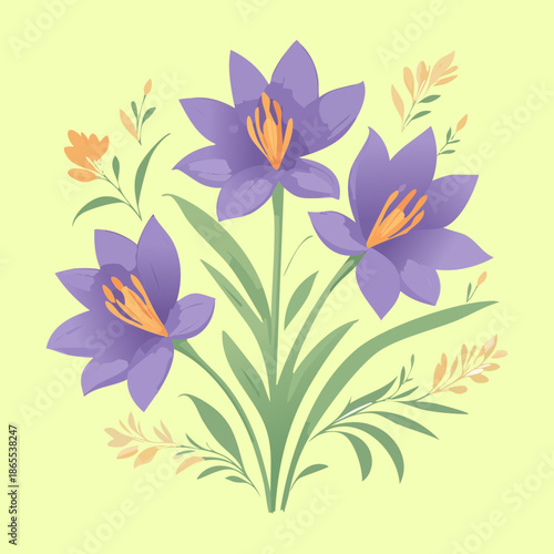 Beautiful purple lily flower plant cluster with green leaves for a vibrant and colorful botanical nature illustration