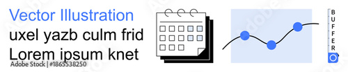 Business planning, time management, data analysis, productivity tools, task tracking, and scheduling. A calendar icon, chart with points and placeholder text. Time management and data analysis