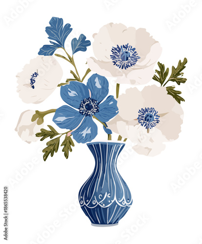 Blue pattern vase with white and blue flower plant blossoms for a fresh and natural nature illustration