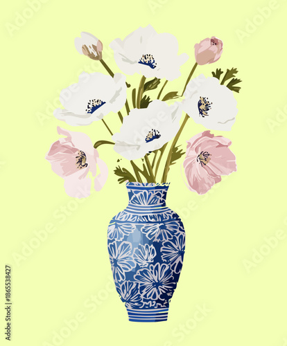 Elegant blue ceramic vase with white and pink flower plant blossoms for a classic botanical art piece