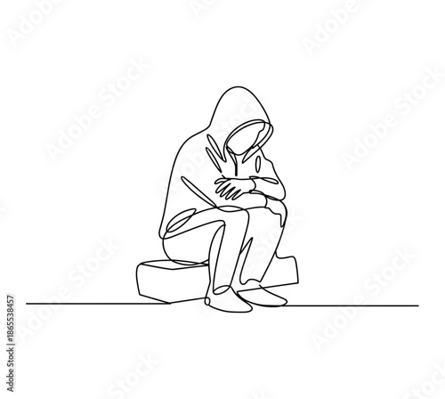 Single line of a person in a hooded sweatshirt sitting.