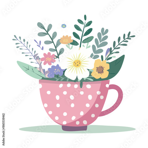 Polka dot pink cup filled with a spring flower plant arrangement for a fresh and bright illustration