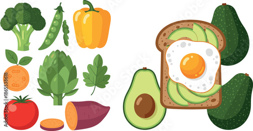 Vector illustration featuring avocado toast with egg and assorted fresh vegetables for healthy lifestyle and cafe menu designs